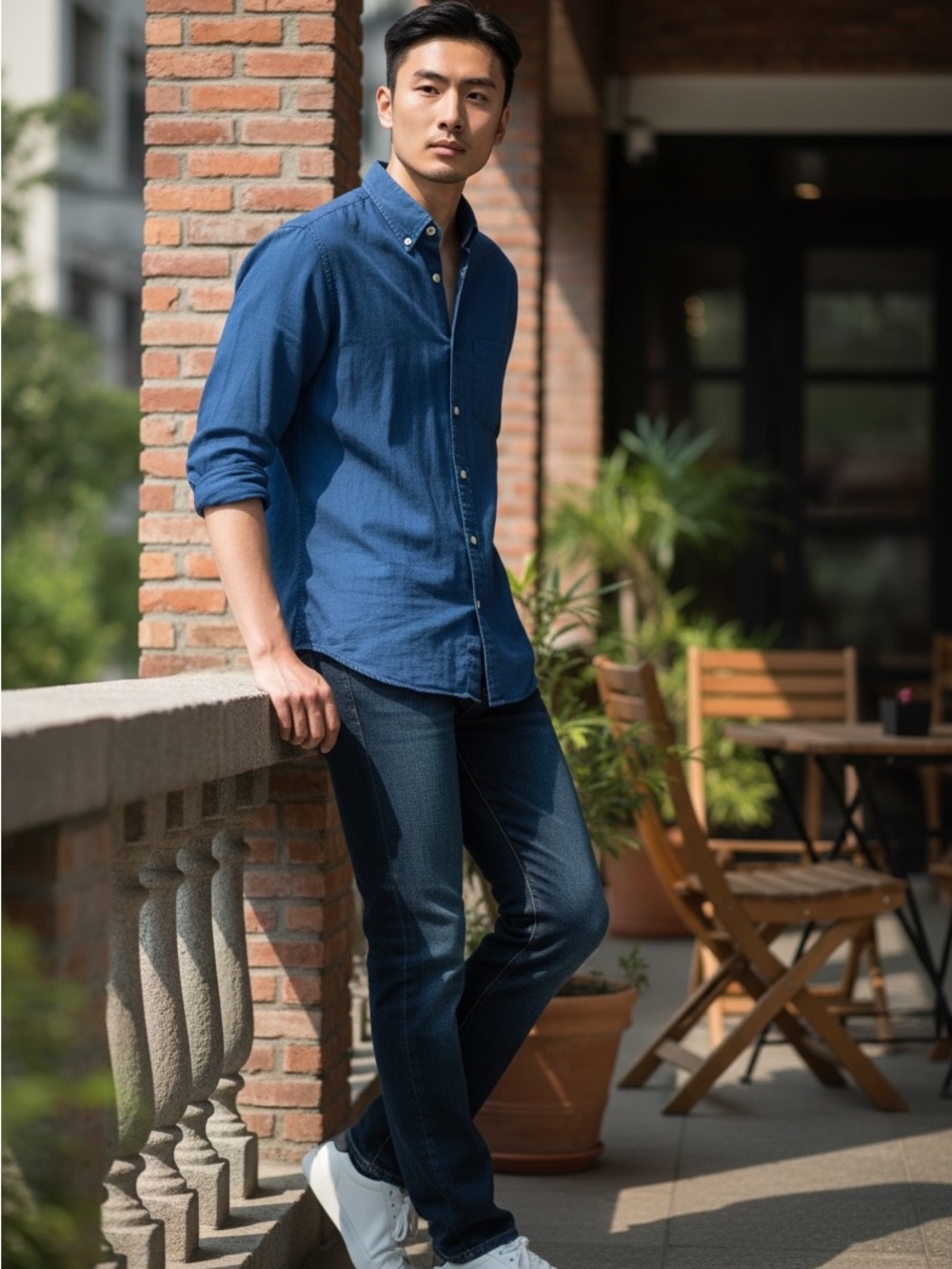 Casual Blue Button-Down Shirt - Men's Long Sleeve